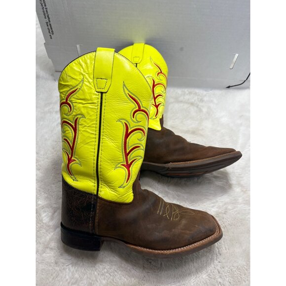 Old West Youth Cowboy Boots Size 7 D Neon Yellow & Brown Leather - Picture 9 of 11